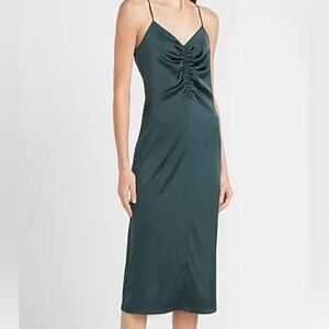 Express Elegant Dark Green Silky Slip Midi Dress